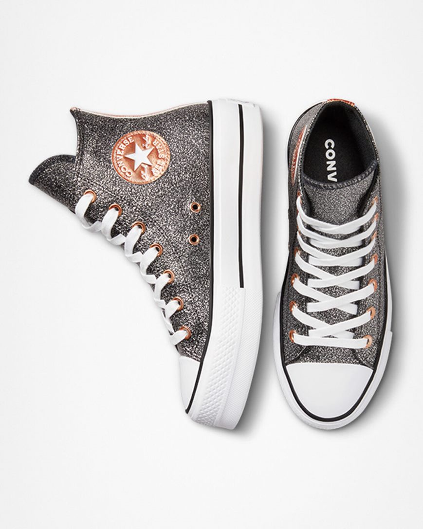 Zapatos Plataforma Converse Chuck Taylor All Star Lift Metallic Glitter Altas Mujer Negras Cobra Blancas | PE 72WEL4